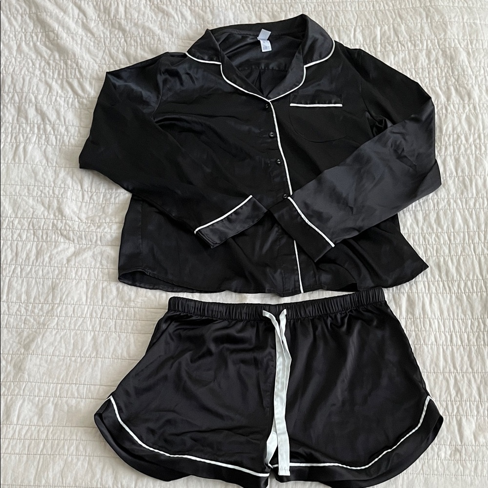 stars above Black Pajama Top & Shorts with White Piping